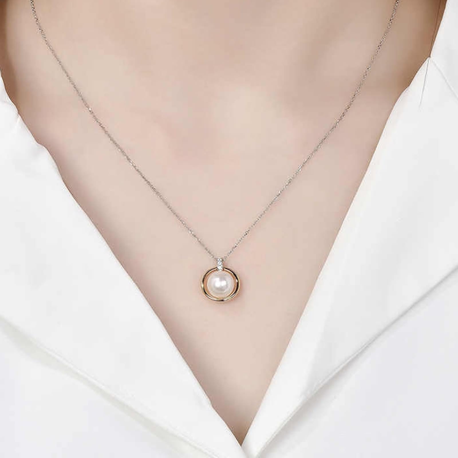 Łańcuszek na szyję długi, elegancki, łańcuszek na szyję dla przyjaciółki z perłą 9 mm ze szlifem okrągłym diamencik białe złoto i żółte złoto