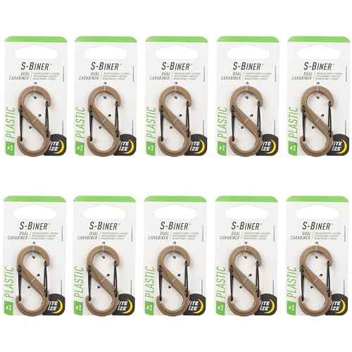 Nite Ize S-Biner Dual Carabiner Plastic - Durable Dual Carabiner with Wire Gate Closure for Organizing Keys & Keychain Attachments - Size 2, Coyote (10 Pack)