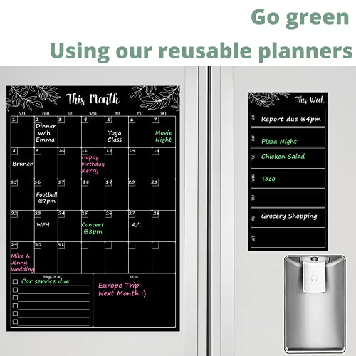 Dry Erase Magnetic Chalk Board Monthly Calendar For Refrigerator 12" X 17" With Reusable Weekly Fridge Calendar 5" X 10" | 3 Chalkboard Markers Included #TOP1