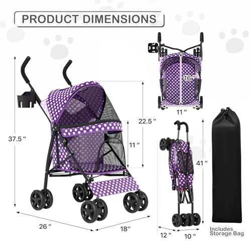 Image of MoNiBloom 4 Wheels Pet Stroller, Easy-Fold Umbrella Shaped Dog Cat Jogger Stroller w /Storage Bag & Visible Mesh for Small /Medium Dogs Cats Purple Polka Dots