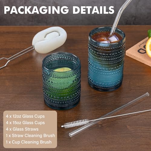 Image of ZMOWIPDL 12oz & 15oz Hobnail Drinking Glasses,Blue Glass Cups Set of 8