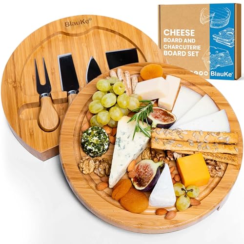 Bambus Käsebrett mit Käsemesser Set – 25cm Rund Servierplatte aus Holz für Käse und Häppchen – Cheese...