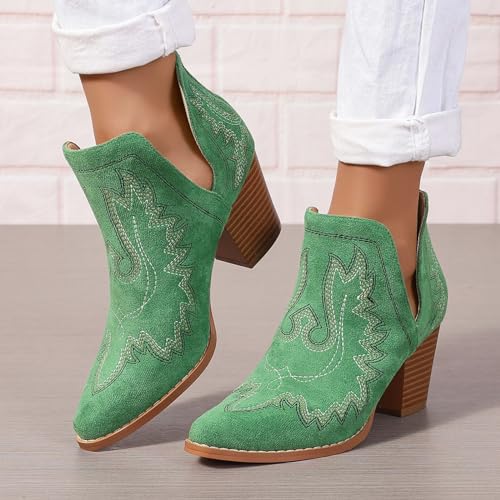 Image of SelRoys Cowboy Boots for Women Cowgirl Ankle Western Embroidered Stitched Pointed Toe Cutout Chunky Heels Short Booties Red Brown Black US5-11