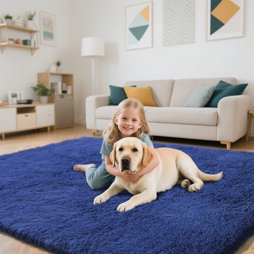 Blue Fluffy Rug Shaggy Area Rug, 3x5 Area Rugs for Girls Bedroom, Soft Cute Baby Play Mat, Indoor Floor Carpet for Teen, Nursery, Preppy Dorm, Plush Aesthetic Bedside Rug