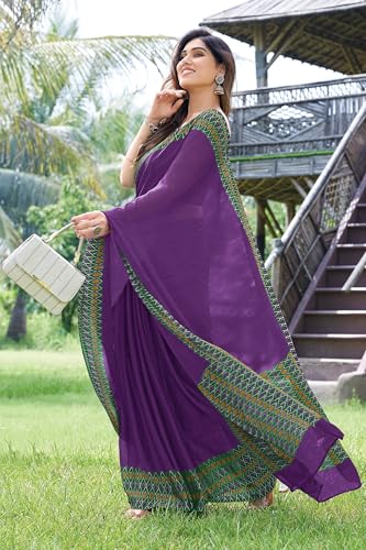 Image of MIRCHI FASHION Saree for Woman Chiffon Georgette Polka Dot Border | Plain Lightweight Women's Sari with Printed Pallu and Blouse Piece