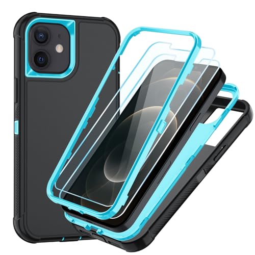 Image of SunStory Compatible with iPhone 12 /12 Pro Case with HD Screen Protector, 3-Layer Heavy Duty Full-Body Cover,3 in 1 Hybrid Protective Case for iPhone 12 /12 Pro 6.1 inch, BlackSkyBlue