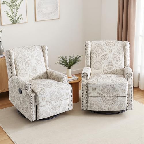 Image of Swivel Rocker Recliner Chairs Set of 2, 360 Swivel Wingback Recliner Chairs for Adults, Upholstered Printed Fabric Glider Rocking Chair with High Back, Deep Seat for Living Romm Bedroom, Beige