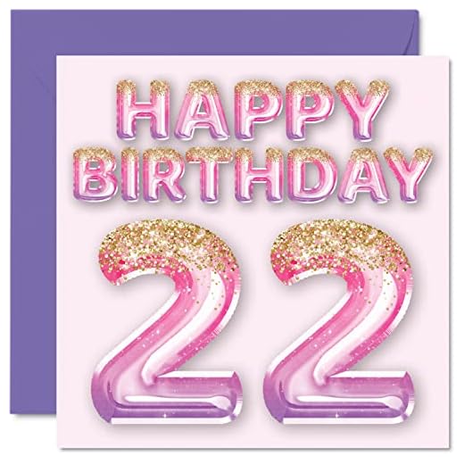 Tarjeta de cumpleaños número 22 para mujer, globos de purpurina rosa y morado, tarjetas de felicitación de 22 años, hija, 145x145 mm, veintidós tarjetas de felicitación de 22 segundos para regalo