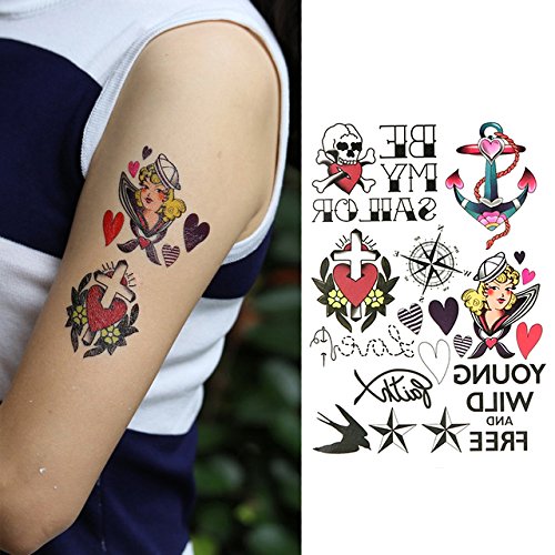 Oottati Anchor Crossbow Compass Star Swallow Skull Quote Young Wild Free Be My Sailor Love Temporary Tattoo(2 Sheets)