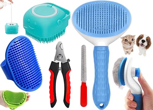 Image of 4‑in‑1 Pet Grooming Set - Self‑Cleaning Slicker Deshedding Brush + Silicone Bath & Massage Tool + Adjustable Rubber Bath Scrubber + Ergonomic Nail Clippers - for Dogs & Cats
