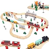 Wooden Train Set 72PCS, Electric Train Sets with Wooden Train Track, Magnetic Train, Bridge Track Railway Kits for Kids Boys Ages 3+ Years Old, Birthday Christmas New Year Gifts for Kids Boys Girls