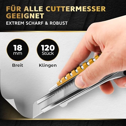 KRAFTFELS 120x Profi Cuttermesser Klingen 18mm - Ersatzklingen Cuttermesser aus hochwertigem Carbonstahl - Klingen Cuttermesser - Ultra scharf & stabil - Abbrechklingen für Cutter Messer – Silber…