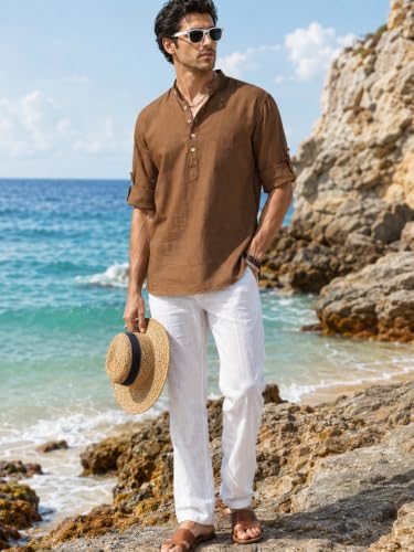 Image of Majestic Man Men's Pure Cotton Solid Mandarin Collar Slim Fit Roll-Up Sleeves Short Kurta Lightweight Summer Kurta for Daily & Occasion Use