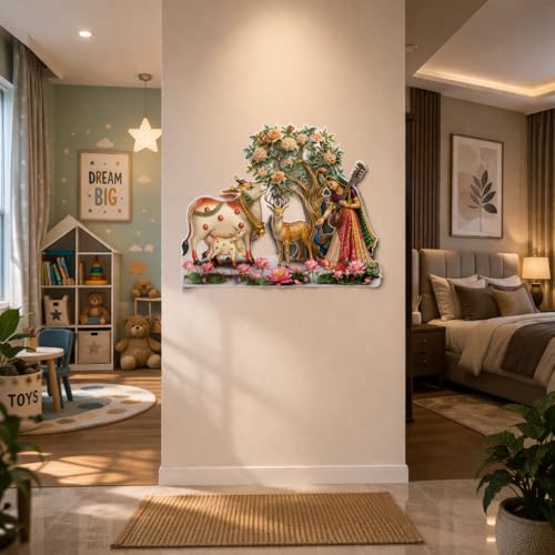 Image of Rangoli Cow Krishna Theme Wall Sticker 20 x 16 Inch Floral Tree Animal Design Self Adhesive Wall Decor for Living Room Bedroom Kids Room Indian Traditional Wall Art