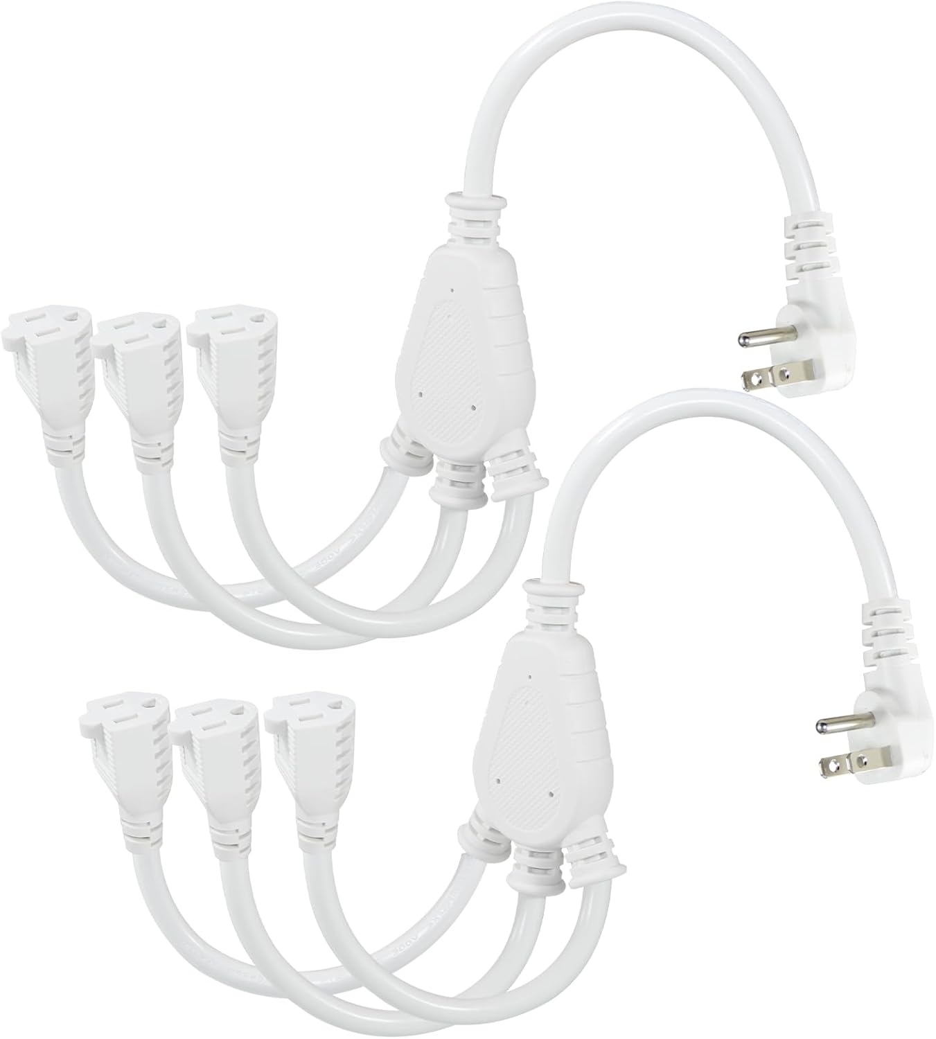 KUNCAN 3-Outlet Extension Splitter Cord - White 2-Pack Low Profile Wall Head 1 to 3 Way Power Splitter Cord, 90-Degree 3 Prong Flat Plug 1FT 16AWG 13A 125V 1625W NEMA 5-15P to 3X NEMA 5-15R