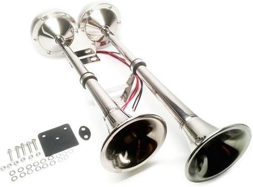 Miniatura 6 de Pactrade Marine Juego completo de cuerno de trompeta dual eléctrico de acero inoxidable para barco de 12 V-150 db para pontón RV coche, camión, barco