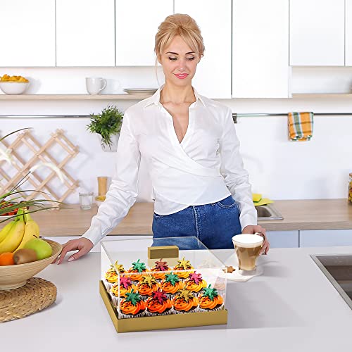Elavain Acrylic Square Cake Stand With Lid, Modern Gold Acrylic Tray With Clear Cake Dome Cover, Gold Cake Stand Wedding, Party Cake Tray, Cupcake Stand & Cake Holder Serving Tray| Shatter Resistant #TOP3
