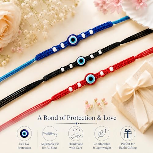 Image of Riddhika Ventures Triple Protection Evil Eye Rakhi (Set of 3), Blue for Peace • Black for Protection • Red for Love & Prosperity with Roli Chawal and Greeting Card (A1B1C1)