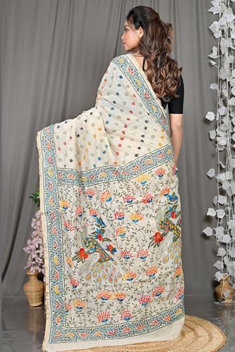Image of DipDiya Cotton Traditional Bengali White Kantha Stitch Saree with blouse piece