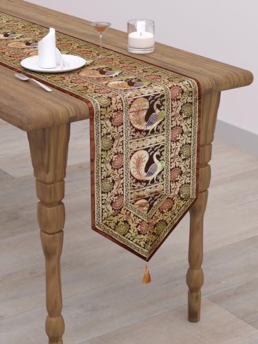 Image of Banarasi Brocade Zari Silk Table Runner Dinning & Centre Table Runner 177 By 30 CM (Brown, Peacock)