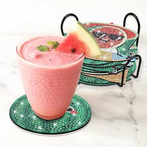 Image of 9 Pcs Watermelon Shaped Diamond Painting Coasters Set - Irregular Shaped Diamond Art Drink Coasters with Holder, Summer Irregular Fruit Slice Drink Coasters for Table Decor Coffee Tea Cup