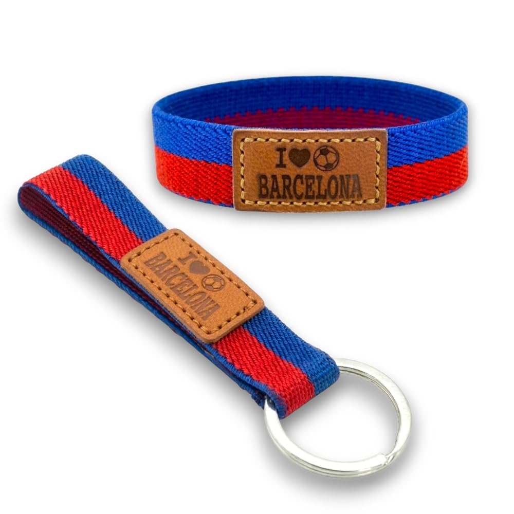 BDM Pulsera y Llavero Barcelona Azulgrana Futbol| Tela Elástica con Parche de Cuero "I Love Barcelona" | Tallas 16-18 cm y 18-20 cm | Pack o Individual — view 9