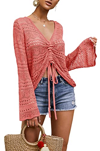 Image of Saodimallsu Womens Boho Off Shoulder Sheer Crop Tops Bell Sleeve Flowy Oversized Crochet Ruched Pullover Sweaters