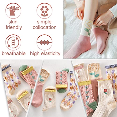 Image of 5 Pack Cute Womens Floral Socks, Vintage Embroidered Frilly Floral Ankle Cotton Cottagecore Socks