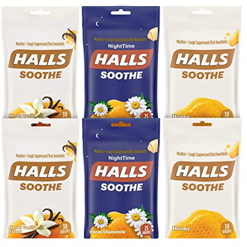 HALLS Soothe Variety Pack Honey Vanilla, Honey Chamomile NightTime and Honey Cough Drops
