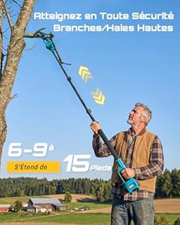 SEESII 6-en-1 Mini Tronçonneuse & Taille-haie, avec 2 * 4000mAh Batteries, Tronconneuse Electrique à Perche Télescopique, Portée Maximale Jusqu'à 4,57m, à 30 ML Bouteille d'huile