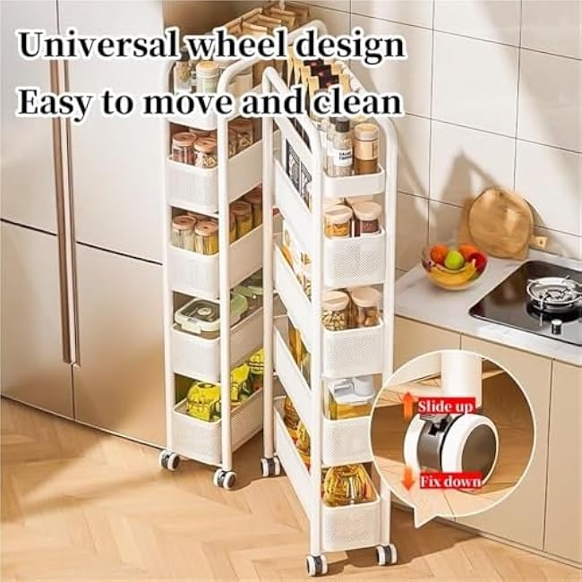 5-Tier Rolling Gap Storage Rack with Wheels - Narrow Carbon Steel Organizer for Kitchen & Fridge Side - Space-Saving Cabinet (Black)