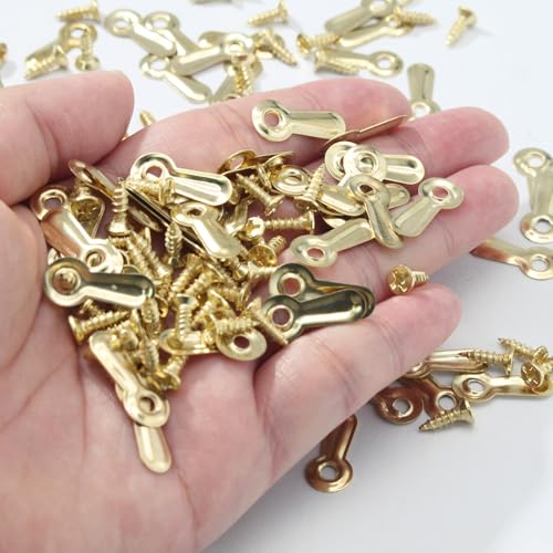 Image of Bonsicoky 100 Pack Metal Picture Frames Turn Button Fasteners with 100 Pieces Screws - Frame Picture Hardware Backing Clips for Hanging Pictures, Photos - Gold
