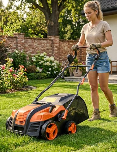 Image of Aspiron 16 inch Artificial Grass Sweeper, 1800w Artificial Turf Vacuum 15 Amp Lawn Sweeper Yard Power Brush with 45L Removable Leaf Collection Bag, Quick-Fold, Keeps Clear Sweepy Box, Orange