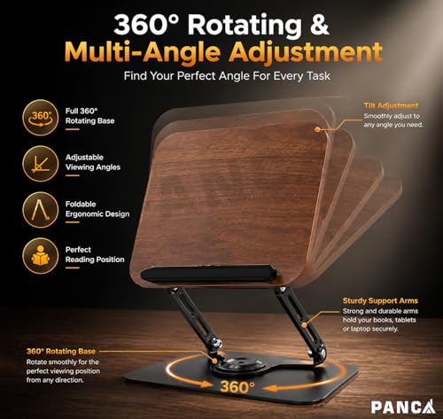 Image of PANCA Adjustable Book Stand for Reading & Laptop Stand for Desk | 360 Rotating Base Wooden Book Holder | Multi-Angle Cookbook, Textbook, Tablet & Laptop Stand for Study, Office & Home Use