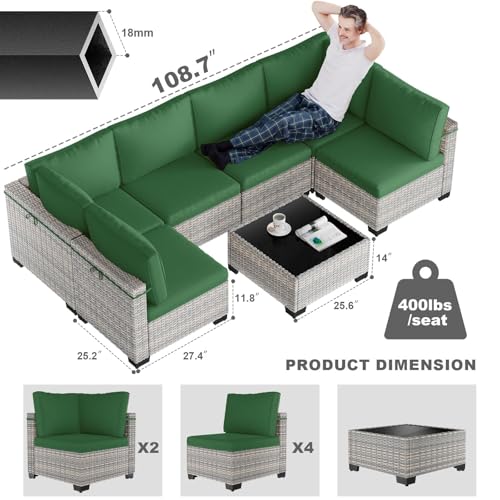 Image of Outdoor PE Wicker Rattan Modular Patio Sectional Sofa Set | 7-Piece: 6 Modular Seats & Coffee Table with Thick Cushions, Dark Green