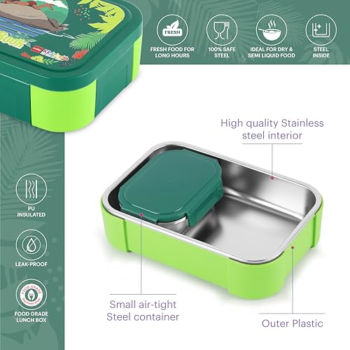 Image of CELLO Kidzbee Galaxy Mowgli's Ride Insulated Kids Lunch Box with Inner Steel Box, Green | 3D Touch & Feel Designs Tiffin Box | Leak Proof & Break Resistant | Ideal for School & Picnic