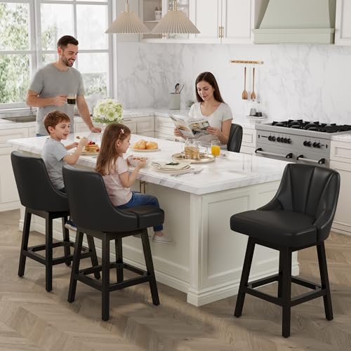 Image of YaFiti Bar Stool with Backs 1 Pcs, 26 inch Counter Height Bar Stools, Modern PU Leather Extra Upholstered Swivel Barstools with Square Solid Wood Legs for Kitchen Island, Black