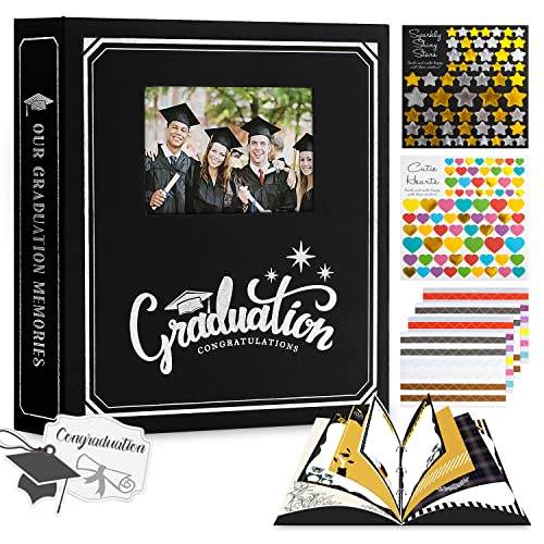 Lanpn Graduation Scrapbook Kit Photo Album, Linen Diy Memory Scrap Book Grad Picture Album With Stickers Holds 4X6 5X7 8X10 Pictures (30 Sheets / 60 Pages, Black - Window) #TOP22