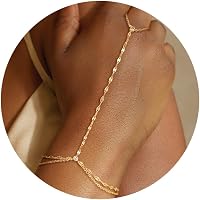 CHESKY 14k Gold Plated Dainty Hand Chain Bracelet for Women - Adjustable Finger Nail Ring with CZ & Pearl Jewelry