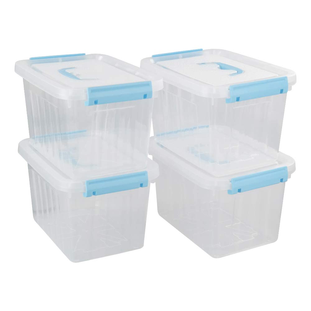 Hespama6 Quart Storage Bin, Plastic Latching Box/Container with Clear Lid, Blue Handle and Latches, 4 Packs