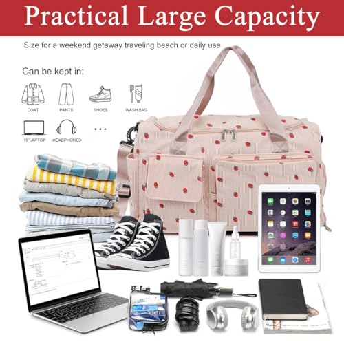 Image of PALAY Women Duffle Bag Gym Bag with Shoe Compartment Cute Pink Strawberry Prints Corduroy Travel Bag with Removable Shoulder Strap Multi-pocket Duffle Bag for Travel, Gym Session, Camping, 48x24x27cm