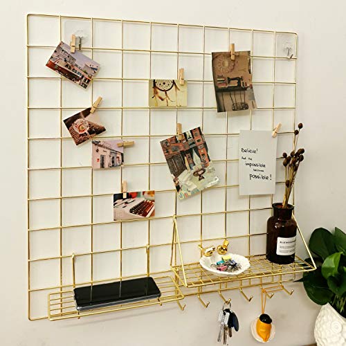 GRIDYMEN Multifunction Electroplated Bling Metal Mesh Grid Panel, Wall Photo Artwork Display and Organizer for College Dorm Living Room, Pack of 1 Pcs, Size: 23.6' x 23.6', Gold