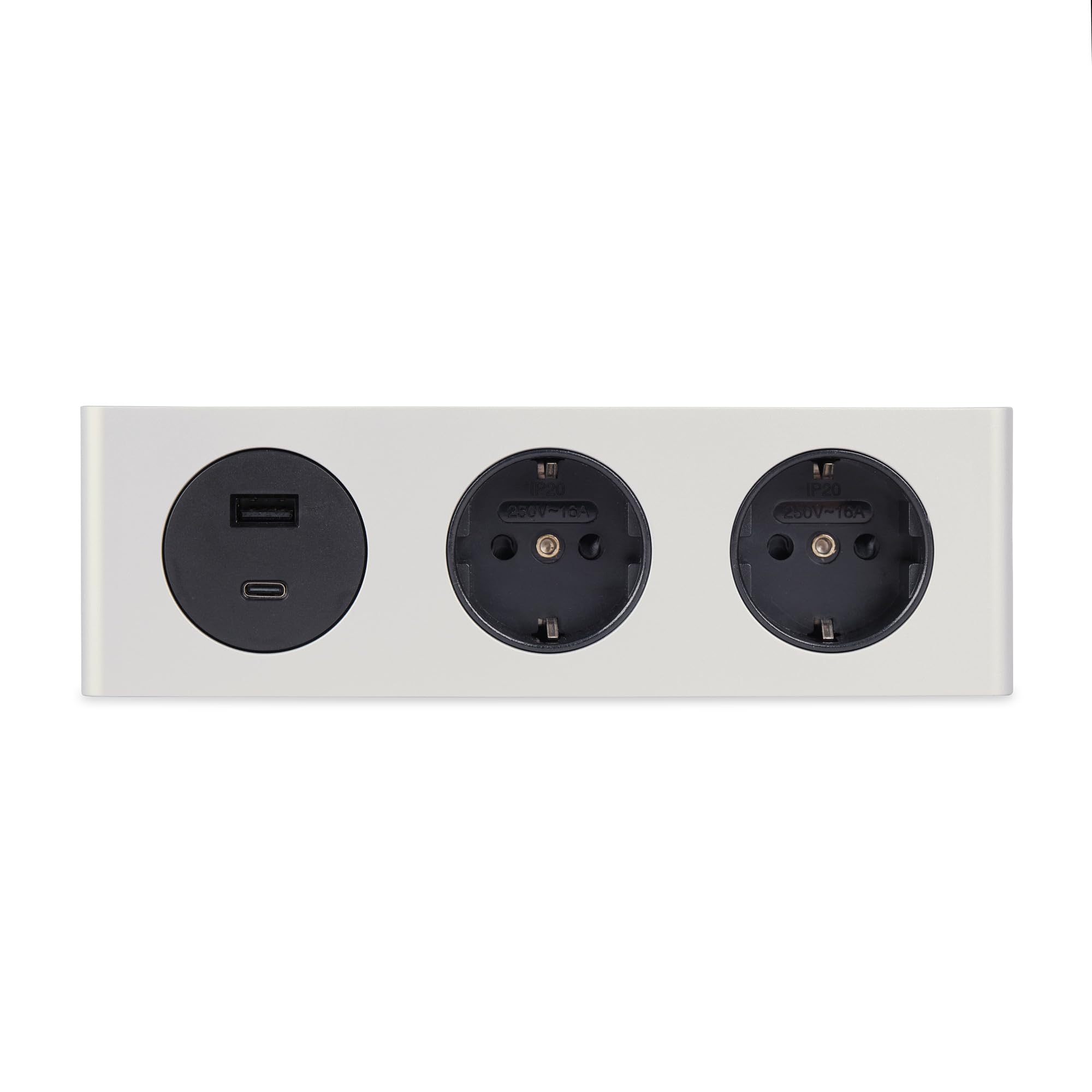 kalb | Möbel-USB-Ladestation, Unterbaumontage, Vielseitige Powerbox mit 2 Schukosteckdosen und USB-Anschlüssen (USB-A und USB-C), 200x46x62,5 mm, 230V, einfache Montage für Elektrogeräte, Silber