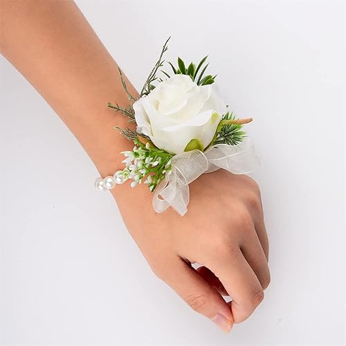 Miniatura 2 de WEISPARK Juego de ramillete de muñeca y boutonniere de rosa marfil, pulsera y boutonniere para hombre, accesorios de flores de boda blancas,