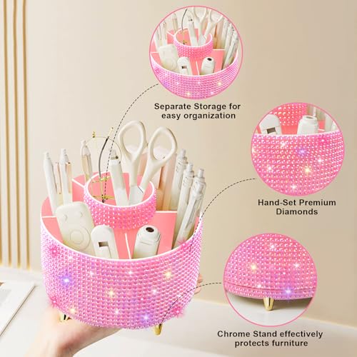 Image of Diesisa Bling Diamond 360 Makeup Brush Holder Organizer, Rotating Makeup Brush Organizer,5 Slot Make up Brushes Cup for Cosmetics, Vanity Desktop Organizer, Gift for Women Teen Girls- Diamond Pink