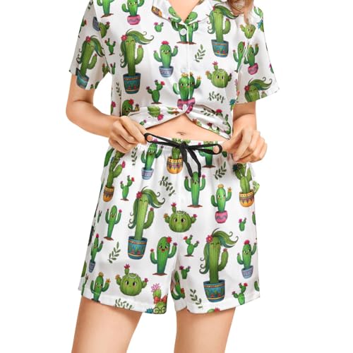 Image of Funny Pajamas for Women Set Print Satin Loungewear Pjs Short Sleeve Button Down Top and Shorts Sets Sleepwear XS-3XL