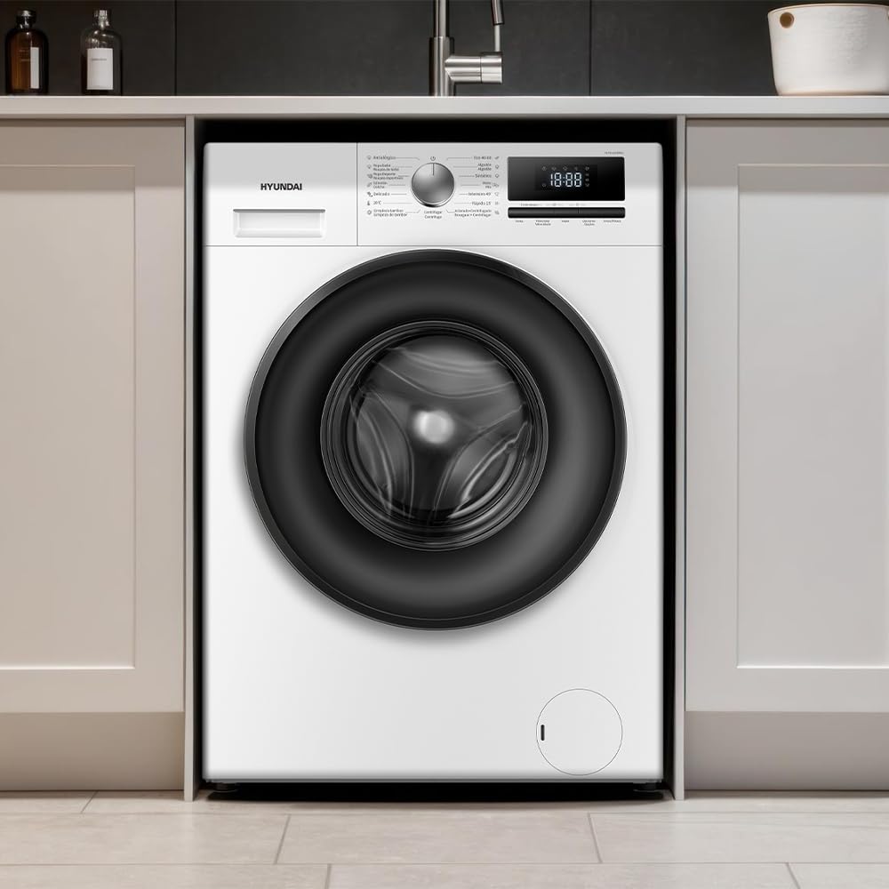 Hyundai Lavadora 8 Kg Carga Frontal, Blanco, HLF814IADW01. 1400 rpm, Motor Inverter, 15 Programas, Eco-Logic System, Tambor Waterdrop, Clase de Eficiencia Energética A