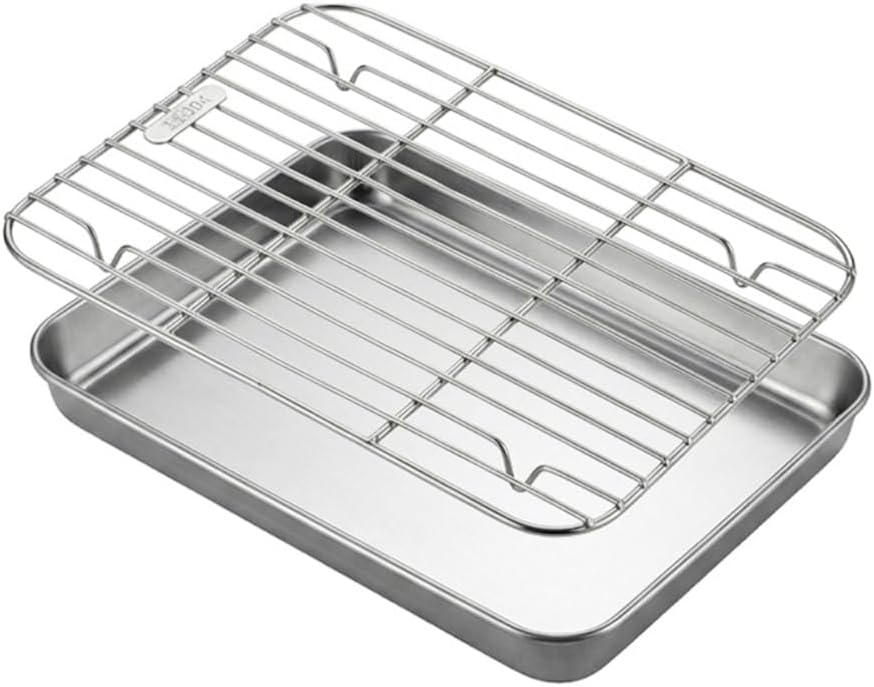 Baking Sheet with Wire Rack Set, 304 Stainless Steel Baking Pan Tray and Grid Cooling Rack, Oven & Dishwasher Safe, Cookie Sheet Baking Pan for Cooking Roasting, 12.4 x 9.64 Inch