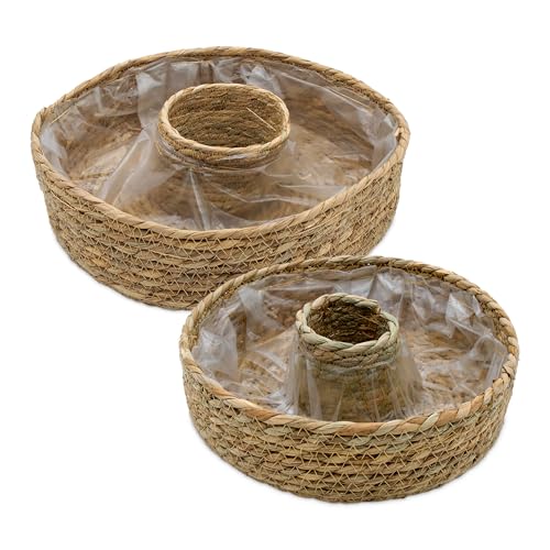 Lot de 2 anneaux de plantation en jonc de mer naturel avec film - 34/27 cm - En fibre naturelle - Pour planter directement - Pot de fleurs décoratif - Pot de fleurs - Panier à plantes