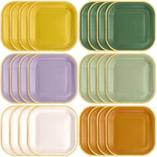 Tiangrid 60 Pcs Nature Wedding Boho Colorful Paper Plates 7 Inch Gradient Disposable Square Dessert Party Plates with Gold Edge for Birthday Wedding Bridal Baby Shower Party Supplies 6 Colors